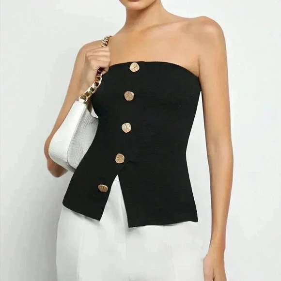 Black Casual Women's Button Front Split Hem Bandeau Top - Picture 6 of 7